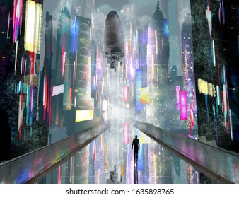 Big city of future with scyscrapers, neon night lights, spase ship and human