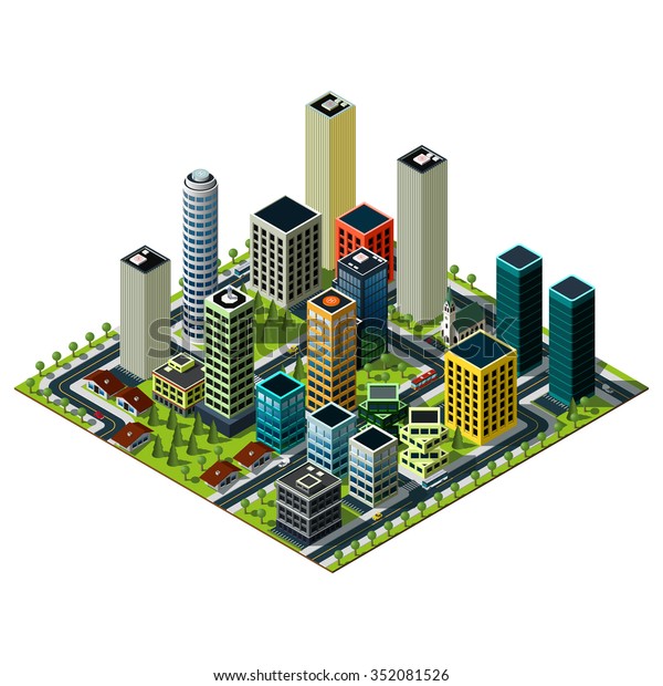 Big city isometric map. Set of skyscrapers\
in downtown. Cityscape\
illustration.
