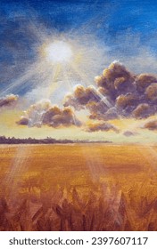 Big cloud and warm rays of summer sun over a ripe brown field of wheat rye bread painting with acrylic on canvas. Beautiful landscape hand painted by artist