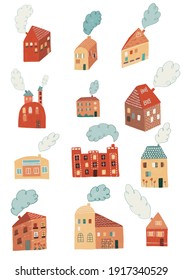 Big collection of houses. Cartoon hand-drawn set of cute cozy houses with smoke. Isolated elements on a white background