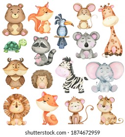 Big Collection Of Watercolor Animals Of The Forest And Jungle. Illustrations For Printing And Design. Children's Illustration