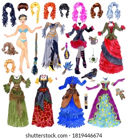 Big colorful set dress up paper doll and Halloween witch costumes  hair  broom   scary objects isolated white  Colorful illustration for games and body template  objects   clothes