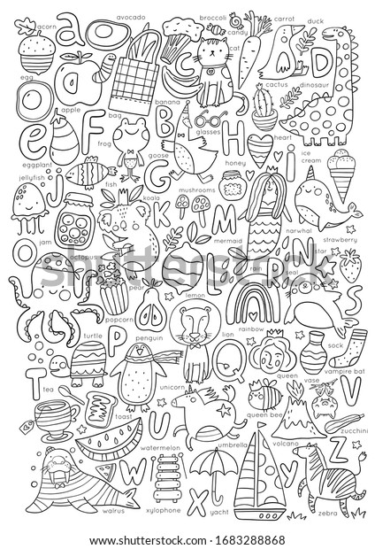 Big coloring poster cute cartoon English coloring page with fruits