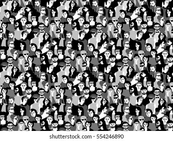 Big Crowd Happy People Black And White Seamless Pattern. Monochrome Illustration.