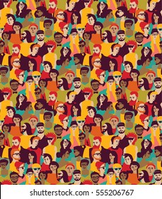 Big Crowd Happy People Color Seamless Pattern. Color Illustration.