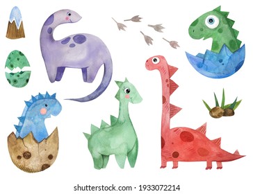 大きな可愛い恐竜の水彩画セット ジュラ紀前の動物は 足 草 山 火山を持つ捕食動物です 誕生日イラスト カード グラフィックデザイン ショップデコール用の赤ちゃんの生まれたてのキャラクター のイラスト素材 Shutterstock