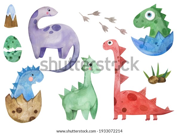 大きな可愛い恐竜の水彩画セット ジュラ紀前の動物は 足 草 山 火山を持つ捕食動物です 誕生日イラスト カード グラフィックデザイン ショップデコール用の赤ちゃんの生まれたてのキャラクター のイラスト素材