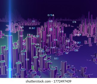 Big data. 3D rendering futuristic  infographic with polygonal cylinders  neon color and blurred lines effects. Big chart.   Business and finance analytics representation banner. 