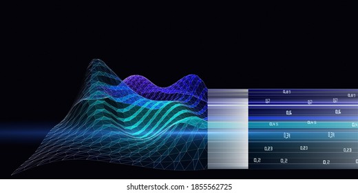 Big data. Abstract background with wireframe wavy algorithm analyze data with blurred lines.  Quantum cryptography concept.  Analytics algorithms data. Banner for business, science and technology.