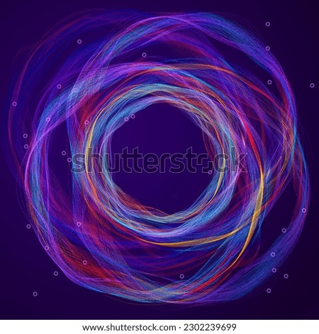 Big data, AI, network connection structure, data transmission. Cyclical wave figure of multicolored lines for design on IT or technological theme in purple background.