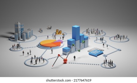 Big data analytics, abstract concept. Graphs and charts showing information about people. Digital 3D rendering.