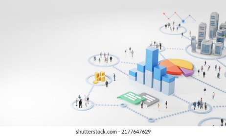 Big data analytics, abstract concept. Graphs and charts showing information and groups of people on a white background. Digital 3D rendering.