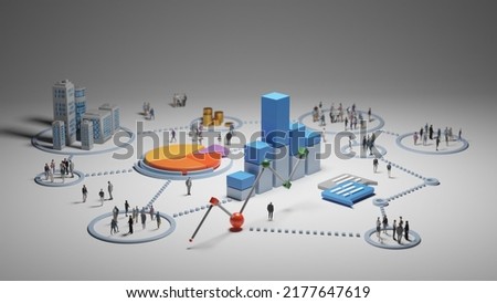 Big data analytics, abstract concept. Graphs and charts showing information about people. Digital 3D rendering.