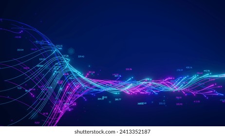 Big data analytics AI technology. Neural network and artificial intelligence analyzing complex information. Data flow and pipeline for automated business analytics illustration. High speed internet.