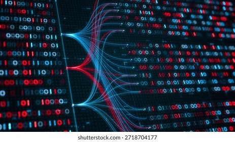Big Data Analytics, Neural Network Data Flow Visualization, AI Machine Learning, Quantum Computing, Binary Code Digital Grid of Ones and Zeros, Artificial Intelligence Technology Abstract Background