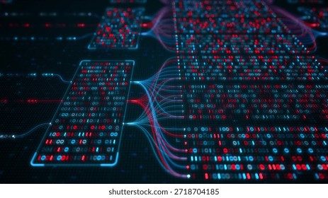 Big Data Analytics, Neural Network Data Flow Visualization, AI Machine Learning, Quantum Computing, Binary Code Digital Grid of Ones and Zeros, Artificial Intelligence Technology Abstract Background