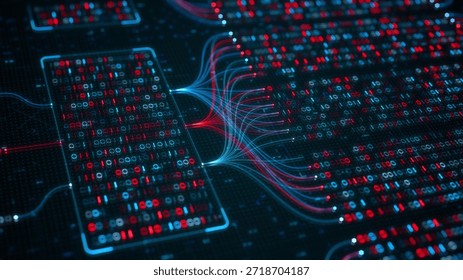 Big Data Analytics, Neural Network Data Flow Visualization, AI Machine Learning, Quantum Computing, Binary Code Digital Grid of Ones and Zeros, Artificial Intelligence Technology Abstract Background