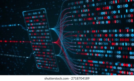 Big Data Analytics, Neural Network Data Flow Visualization, AI Machine Learning, Quantum Computing, Binary Code Digital Grid of Ones and Zeros, Artificial Intelligence Technology Abstract Background