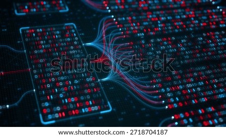 Big Data Analytics, Neural Network Data Flow Visualization, AI Machine Learning, Quantum Computing, Binary Code Digital Grid of Ones and Zeros, Artificial Intelligence Technology Abstract Background