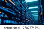 Big data center server racks hardware data network host room storage systems technology. 3d rendering.