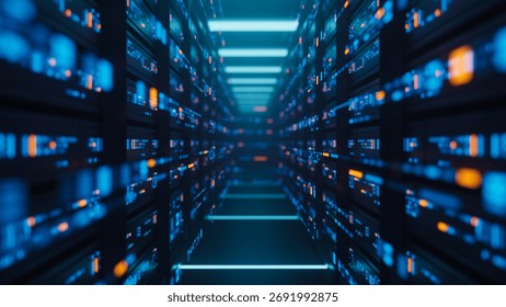 Big data center server racks hardware data network host room storage systems technology. 3d rendering.