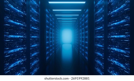 Big data center server racks hardware data network host room storage systems technology. 3d rendering.