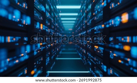 Big data center server racks hardware data network host room storage systems technology. 3d rendering.
