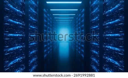 Big data center server racks hardware data network host room storage systems technology. 3d rendering.