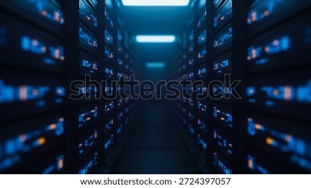 Big data center server racks hardware data network host room storage systems technology. 3d rendering.