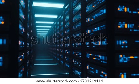 Big data center server racks hardware data network host room storage systems technology. 3d rendering.