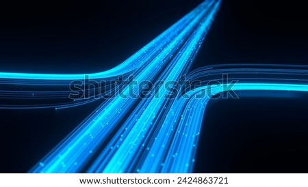 Big data communication and AI technology concept. Illustration of high-speed internet connectivity, optical fibers, digital signals, neural network, artificial intelligence with light trails.