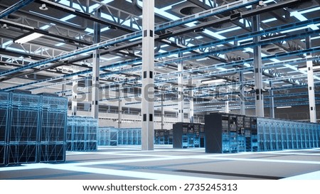 Big data, complex calculations and database servers in server farm, digital twin mapping. Blue wireframe mesh of data center equipment used for information processing and advanced analytics