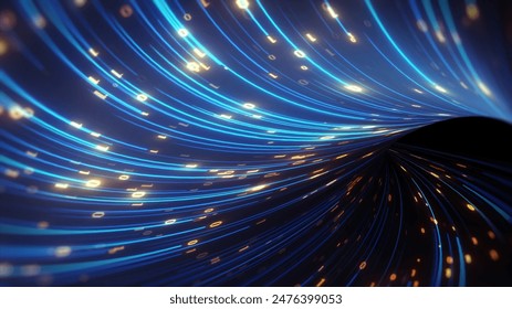 Big Data concept. abstract dark blue orange fast moving binary computer data. High speed motion, artificial intelligence, Technology, machine learning, big data, virtualizatio, futuristic, data flow 
