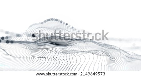 Big data cyber stream 3D illustration. Rhythmic waves of electrical impulses in a neural network. Sound and particles of musical rhythm. Blurred bokeh emotion in digital code space