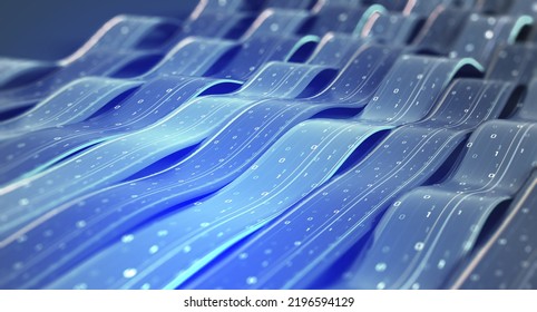 Big Data Cyber Strings. 3D Illustration Of Wavy Lines In Information Code Field. Data Flow Cyber Concept. Coding And Technology