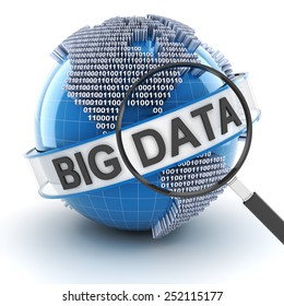 Big Data With Digital Globe And Magnifying Glass, 3d Render, White Background