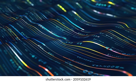 Big Data Flow, Information Field Of Innovation, Digital Cyber Wave, Coded Information, Current Code. Wavy Lines And Color Variety 3D Illustration