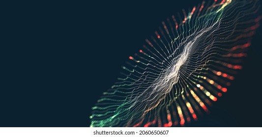 Big Data Funnel. Abstract 3D Illustration. Technology Neural Network Background Concept. Wave, Dots, Weave Lines. AI Visualization Concept, Digital Universe