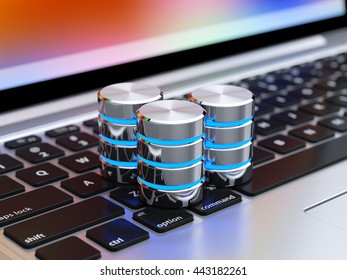 Big data, hard disk drive, metal data storage icon on the laptop keyboard. Big data concept 3d rendering