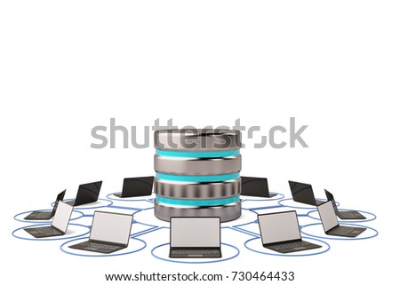 Big data hard disk drive metal data storage icon and laptops.3D illustration.