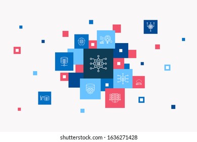 Big data Infographic 10 steps pixel design. Database, Artificial intelligence, User behavior, Data center simple icons