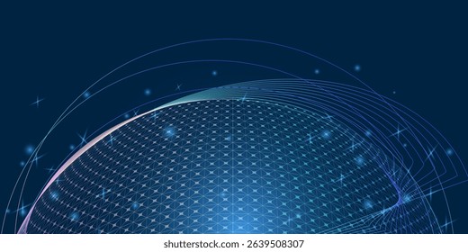 Big data, innovation, digital technology concept. Abstract background with spherical grid surrounded by orbital lines and stars. Deep blue background for presentations and web designs. Copy Space
