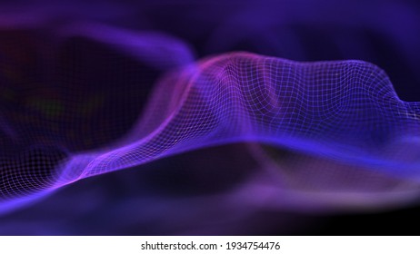 Big Data Neon Background Perspective. Tech Background Purple. Network Purple Technology Backdrop. Cyber Technical Wave Sound.