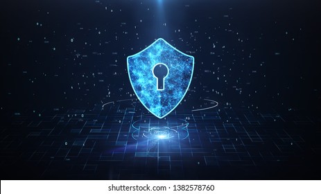 Big Data Protection Cyber Security Concept With Shield Icon In Cyber Space.Cyber Attack Protection For Worldwide Connections,Block chain. Digital Big Data Stream Analysis.