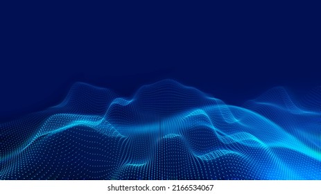 Big data surfing the metaverse. Particles with blue led light on abstract background. Artificial intelligence concept.