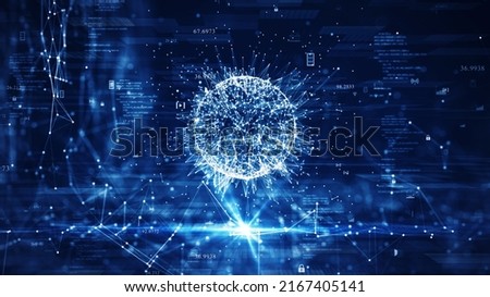 big data technology concept. The interconnected polygons form a prominent sphere in the center. with a grid of binary code icons surrounded on a dark blue background. data processing analysis.