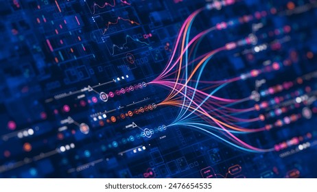 Big data technology Data science analysing artificial intelligence generative AI deep learning machine learning algorithm Neural flow network analytics innovation abstract futuristic. 3d rendering.