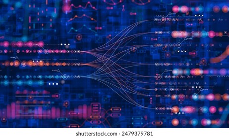 Big data technology Data science analysing artificial intelligence generative AI deep learning machine learning algorithm Neural flow network analytics innovation abstract futuristic. 3d rendering.

