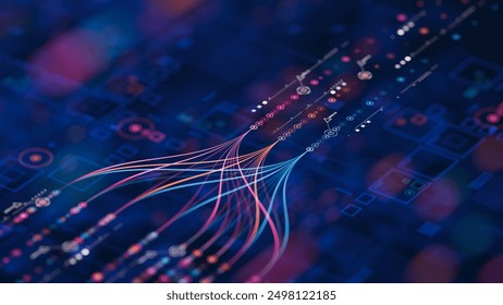 Big data technology Data science analysing artificial intelligence generative deep learning machine learning algorithm Neural flow network analytics innovation abstract futuristic. 3d rendering.
