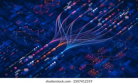 Big data technology Data science analysing artificial intelligence generative AI deep learning machine learning algorithm Neural flow network analytics innovation abstract futuristic. 3d rendering.